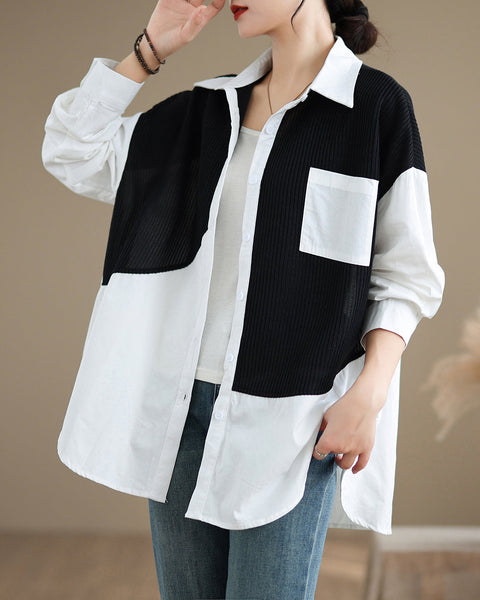 Women's Shirt Lapel Button Down Long Sleeve Pocket Solid Color Patchwork Top Loose Oversize GA2773
