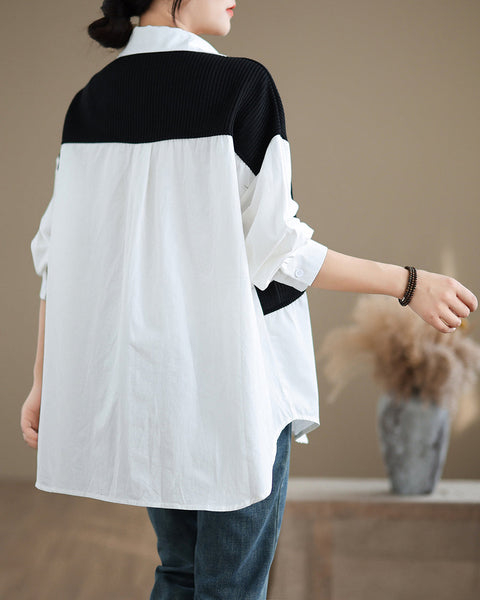 Women's Shirt Lapel Button Down Long Sleeve Pocket Solid Color Patchwork Top Loose Oversize GA2773