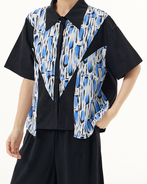 ellazhu Women's Shirt Button Down Leopard Print Short Sleeve Patchwork Lapel Loose Oversize Pattern Summer GE03