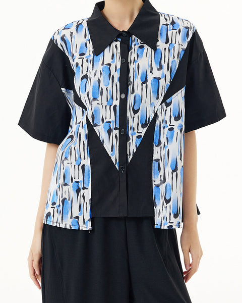 ellazhu Women's Shirt Button Down Leopard Print Short Sleeve Patchwork Lapel Loose Oversize Pattern Summer GE03