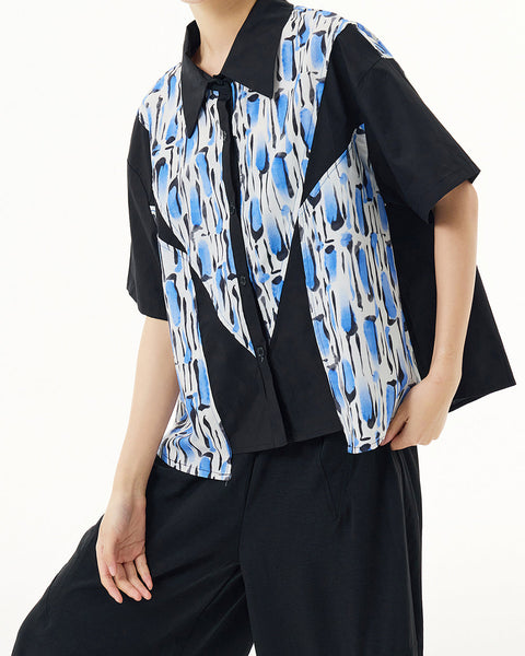 ellazhu Women's Shirt Button Down Leopard Print Short Sleeve Patchwork Lapel Loose Oversize Pattern Summer GE03