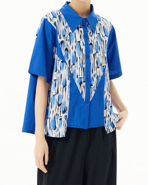 ellazhu Women's Shirt Button Down Leopard Print Short Sleeve Patchwork Lapel Loose Oversize Pattern Summer GE03