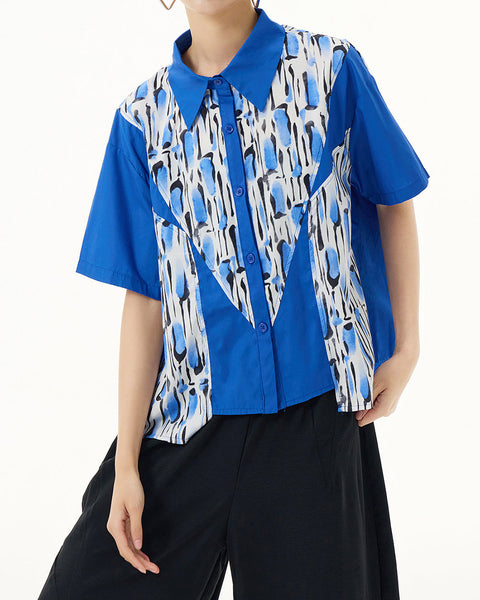 ellazhu Women's Shirt Button Down Leopard Print Short Sleeve Patchwork Lapel Loose Oversize Pattern Summer GE03