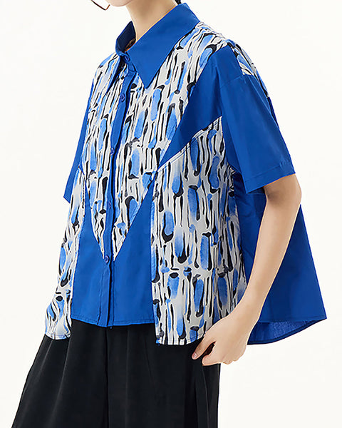 ellazhu Women's Shirt Button Down Leopard Print Short Sleeve Patchwork Lapel Loose Oversize Pattern Summer GE03