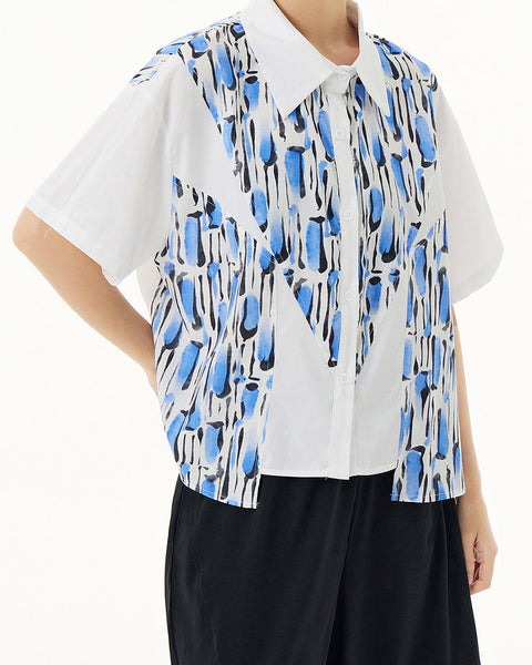 ellazhu Women's Shirt Button Down Leopard Print Short Sleeve Patchwork Lapel Loose Oversize Pattern Summer GE03