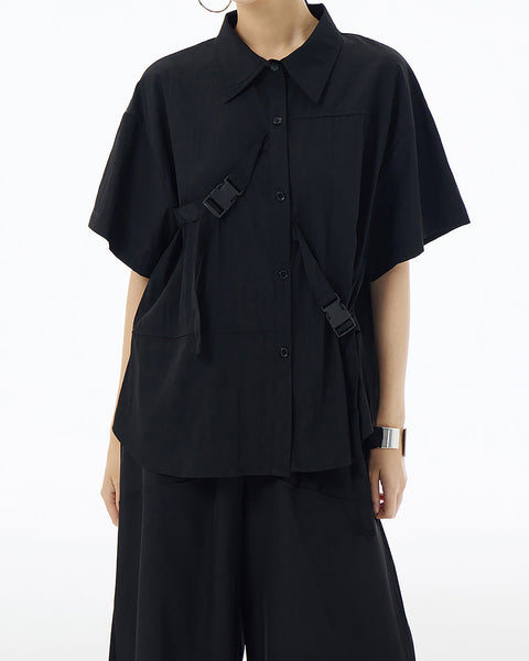 ellazhu Women's Shirt Button Down Short Sleeve Patchwork Buckle Lapel Solid Oversize Loose Summer GE04