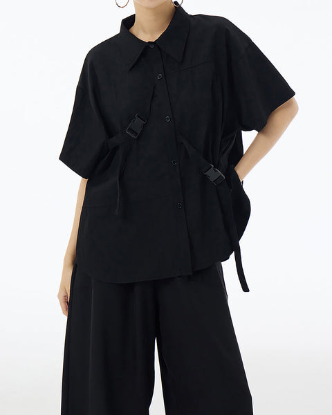 ellazhu Women's Shirt Button Down Short Sleeve Patchwork Buckle Lapel Solid Oversize Loose Summer GE04