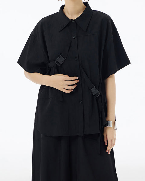 ellazhu Women's Shirt Button Down Short Sleeve Patchwork Buckle Lapel Solid Oversize Loose Summer GE04