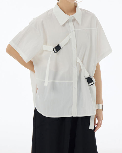 ellazhu Women's Shirt Button Down Short Sleeve Patchwork Buckle Lapel Solid Oversize Loose Summer GE04
