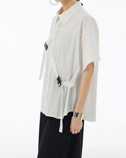 ellazhu Women's Shirt Button Down Short Sleeve Patchwork Buckle Lapel Solid Oversize Loose Summer GE04