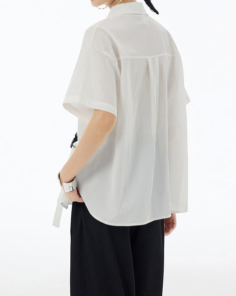 ellazhu Women's Shirt Button Down Short Sleeve Patchwork Buckle Lapel Solid Oversize Loose Summer GE04