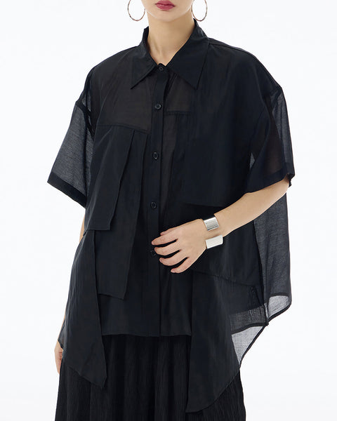 ellazhu Women's Shirt Button Down Short Sleeve See Through Lapel Patchwork Solid Color Sheer Loose Summer GE14