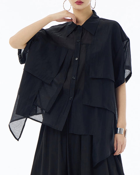 ellazhu Women's Shirt Button Down Short Sleeve See Through Lapel Patchwork Solid Color Sheer Loose Summer GE14