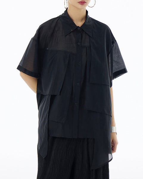 ellazhu Women's Shirt Button Down Short Sleeve See Through Lapel Patchwork Solid Color Sheer Loose Summer GE14