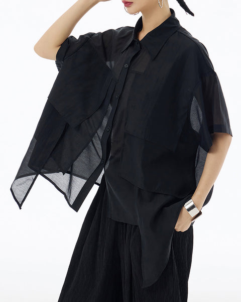 ellazhu Women's Shirt Button Down Short Sleeve See Through Lapel Patchwork Solid Color Sheer Loose Summer GE14
