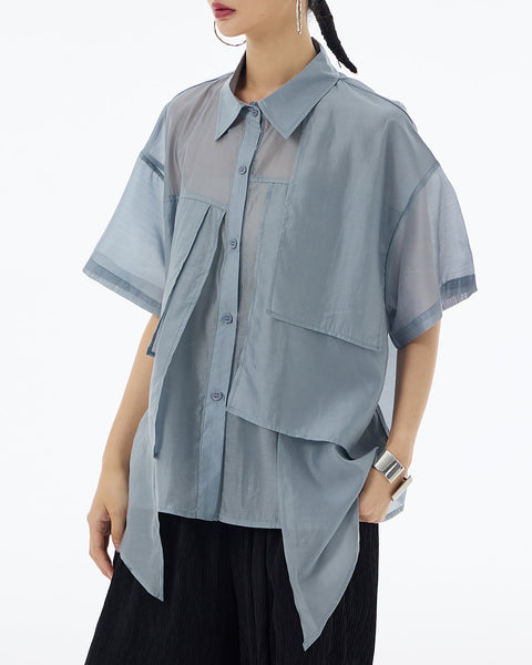 ellazhu Women's Shirt Button Down Short Sleeve See Through Lapel Patchwork Solid Color Sheer Loose Summer GE14