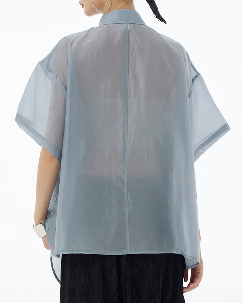 ellazhu Women's Shirt Button Down Short Sleeve See Through Lapel Patchwork Solid Color Sheer Loose Summer GE14