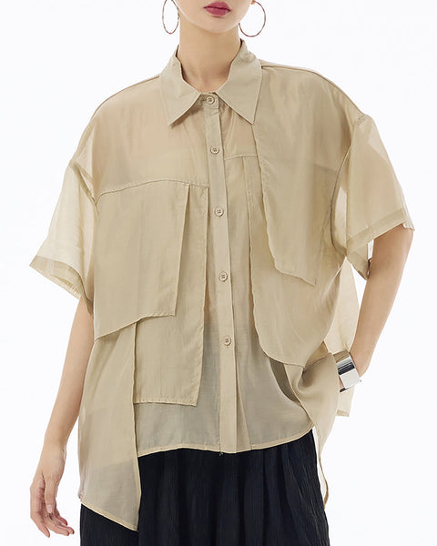 ellazhu Women's Shirt Button Down Short Sleeve See Through Lapel Patchwork Solid Color Sheer Loose Summer GE14