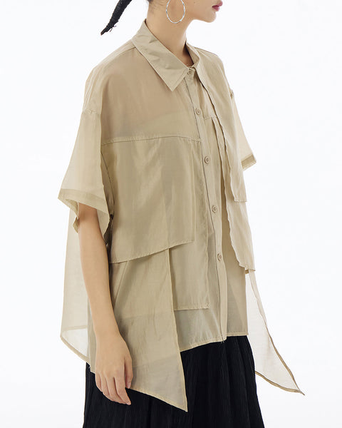 ellazhu Women's Shirt Button Down Short Sleeve See Through Lapel Patchwork Solid Color Sheer Loose Summer GE14