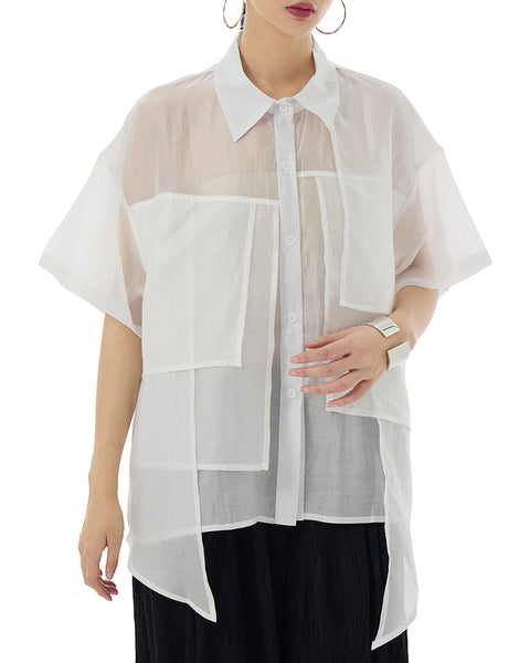 ellazhu Women's Shirt Button Down Short Sleeve See Through Lapel Patchwork Solid Color Sheer Loose Summer GE14