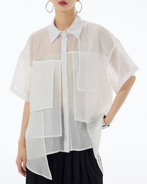 ellazhu Women's Shirt Button Down Short Sleeve See Through Lapel Patchwork Solid Color Sheer Loose Summer GE14