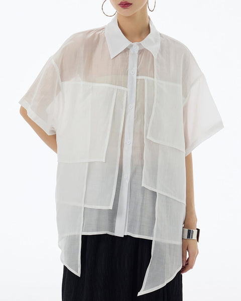 ellazhu Women's Shirt Button Down Short Sleeve See Through Lapel Patchwork Solid Color Sheer Loose Summer GE14