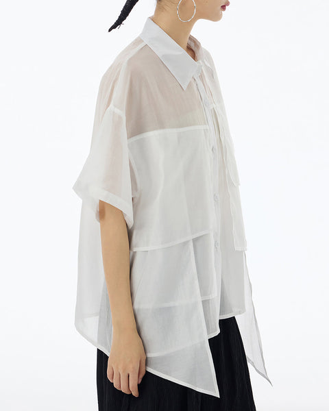 ellazhu Women's Shirt Button Down Short Sleeve See Through Lapel Patchwork Solid Color Sheer Loose Summer GE14