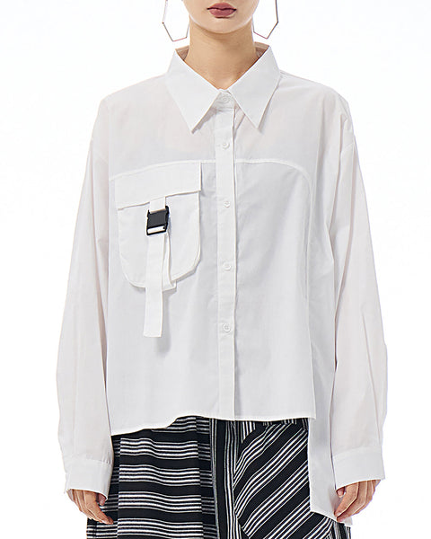 ellazhu Women's Shirt Lapel Button Down Long Sleeve Pocket Buckle Solid Color Loose Oversize GE25