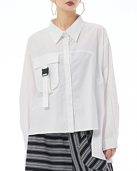 ellazhu Women's Shirt Lapel Button Down Long Sleeve Pocket Buckle Solid Color Loose Oversize GE25