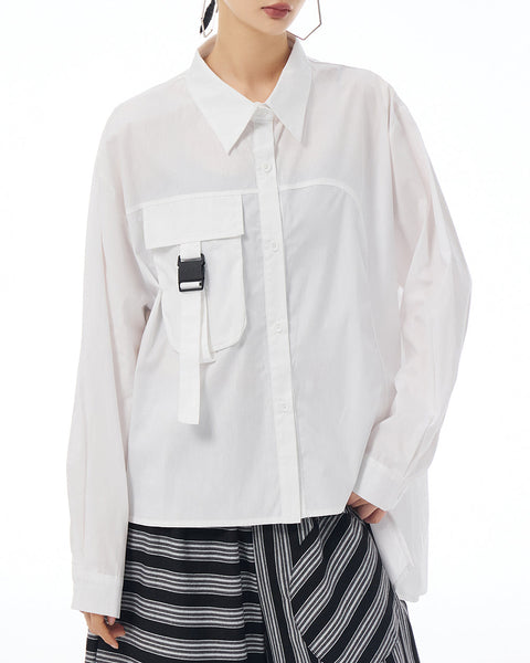 ellazhu Women's Shirt Lapel Button Down Long Sleeve Pocket Buckle Solid Color Loose Oversize GE25