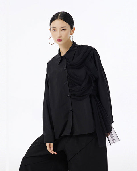 ellazhu Women's Long Sleeve Lapel Button Down Solid Color Tulle Desigh Loose Shirt GE32
