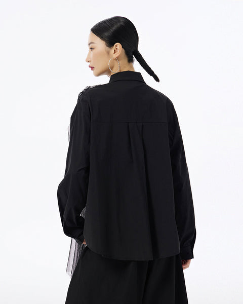 ellazhu Women's Long Sleeve Lapel Button Down Solid Color Tulle Desigh Loose Shirt GE32