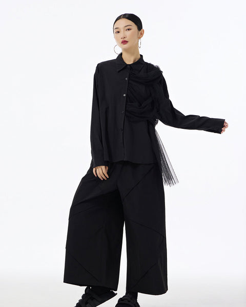 ellazhu Women's Long Sleeve Lapel Button Down Solid Color Tulle Desigh Loose Shirt GE32