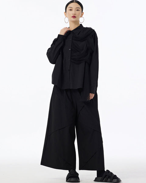 ellazhu Women's Long Sleeve Lapel Button Down Solid Color Tulle Desigh Loose Shirt GE32