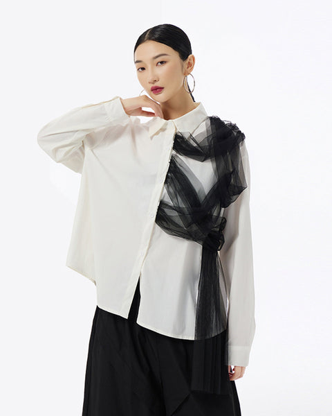 ellazhu Women's Long Sleeve Lapel Button Down Solid Color Tulle Desigh Loose Shirt GE32
