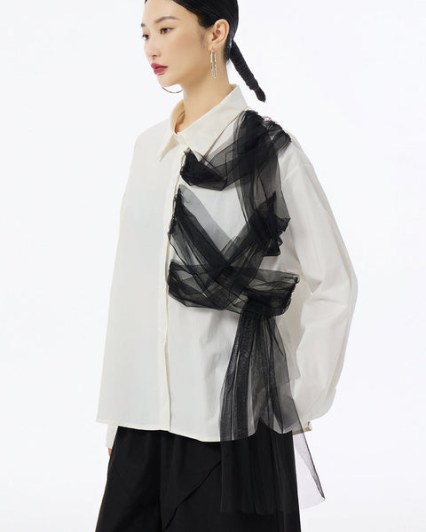 ellazhu Women's Long Sleeve Lapel Button Down Solid Color Tulle Desigh Loose Shirt GE32
