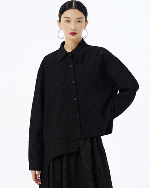 ellazhu Women's Long Sleeve Lapel Button Down Solid Color Irregular Hem Loose Shirt GE33 Black