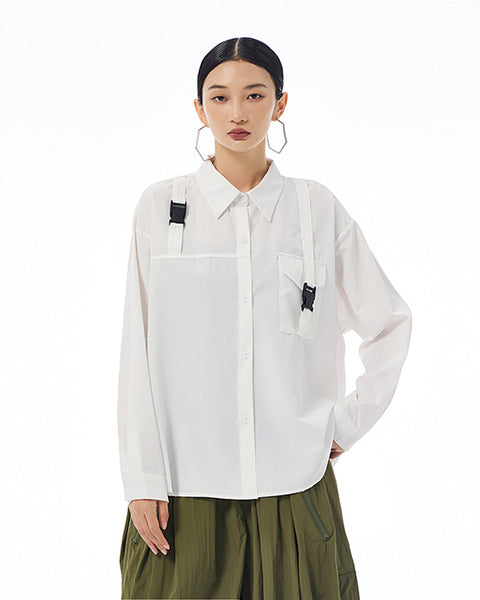 ellazhu Women's Long Sleeve Lapel Button Down Solid Color Pocket Loose Shirt GE37