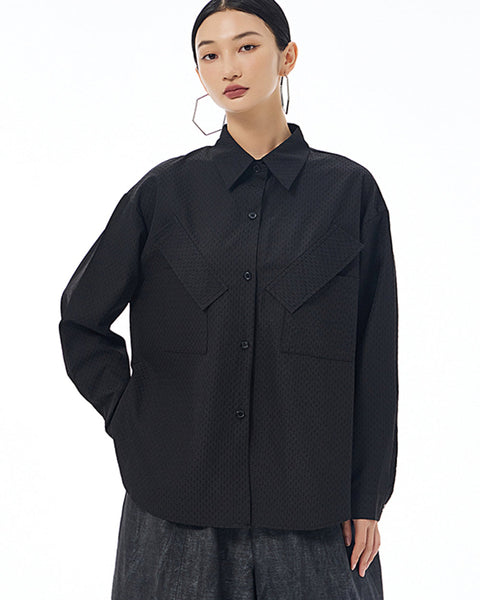 ellazhu Women's Long Sleeve Lapel Button Down Solid Color Loose Shirt GE39