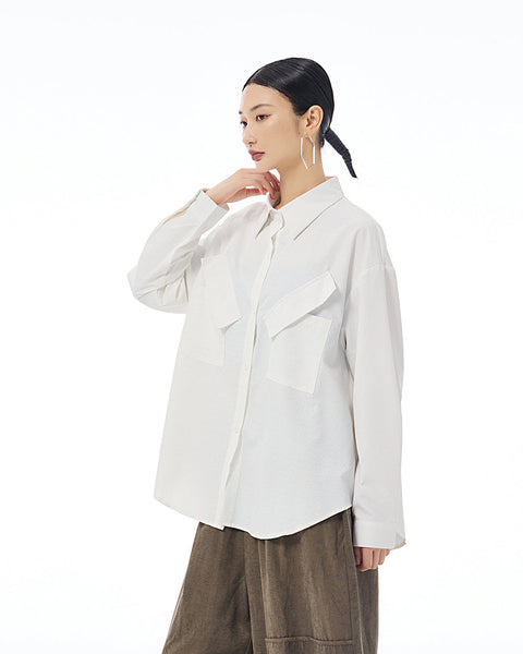 ellazhu Women's Long Sleeve Lapel Button Down Solid Color Loose Shirt GE39