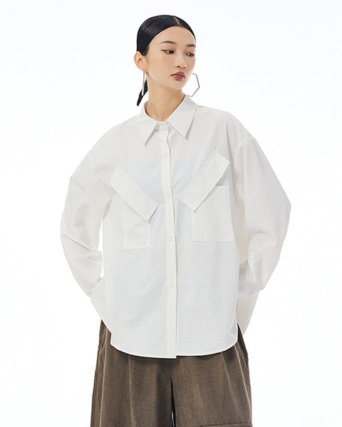 ellazhu Women's Long Sleeve Lapel Button Down Solid Color Loose Shirt GE39