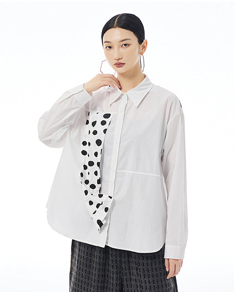 ellazhu Women's Long Sleeve Lapel Button Down Solid Color Polka Dot Loose Shirt GE40