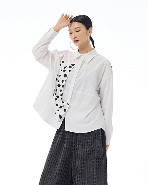 ellazhu Women's Long Sleeve Lapel Button Down Solid Color Polka Dot Loose Shirt GE40