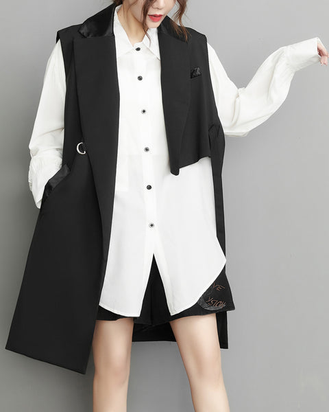 ellazhu Women's Funky Lapel Collar Cardigan Vest Solid Color Sleeveless Outerwear GZ121