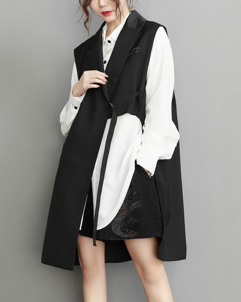ellazhu Women's Funky Lapel Collar Cardigan Vest Solid Color Sleeveless Outerwear GZ121
