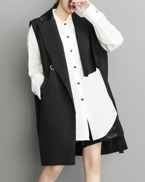 ellazhu Women's Funky Lapel Collar Cardigan Vest Solid Color Sleeveless Outerwear GZ121
