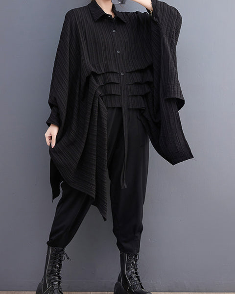 ellazhu Women's Long Batwing Sleeve Funky Inregular Hem High Low Button Down Shirt GZ127