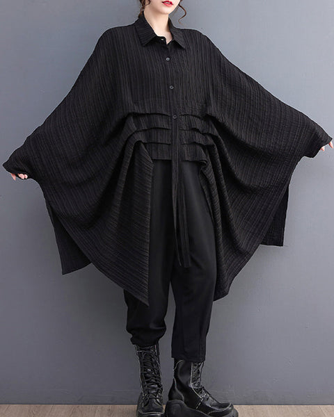 ellazhu Women's Long Batwing Sleeve Funky Inregular Hem High Low Button Down Shirt GZ127 Black