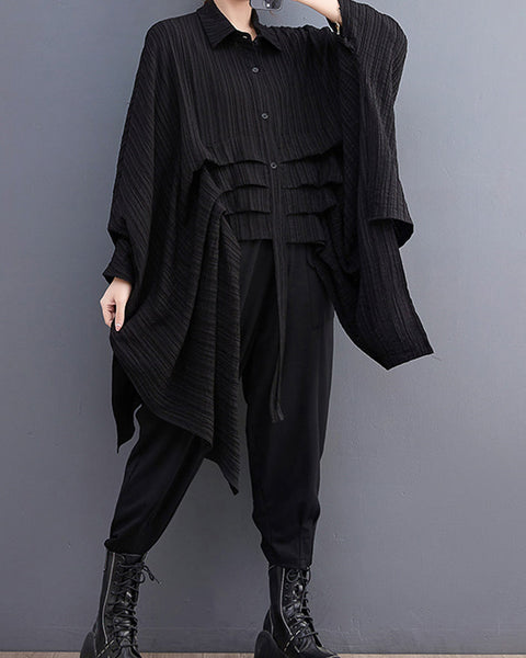 ellazhu Women's Long Batwing Sleeve Funky Inregular Hem High Low Button Down Shirt GZ127 Black