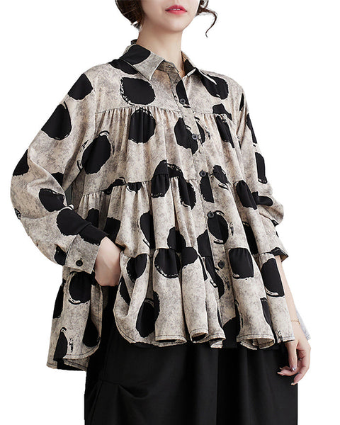 ellazhu Women's Casual Button Down Flowy Hem Polka Dot Oversized Shirt GZ129